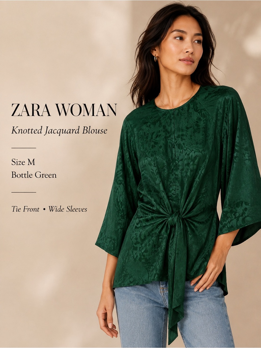 Zara‎ Woman Knotted Jacquard Blouse Bottle Green Tie Front Size M